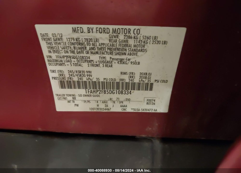 2013 FORD TAURUS LIMITED VIN: 1FAHP2F85DG108334