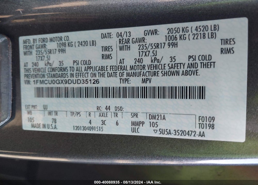 2013 FORD ESCAPE SE VIN: 1FMCU0GX9DUD35126