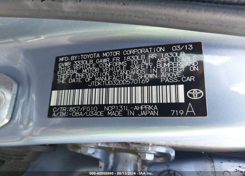 2013 TOYOTA YARIS LE VIN: JTDKTUD32DD570169