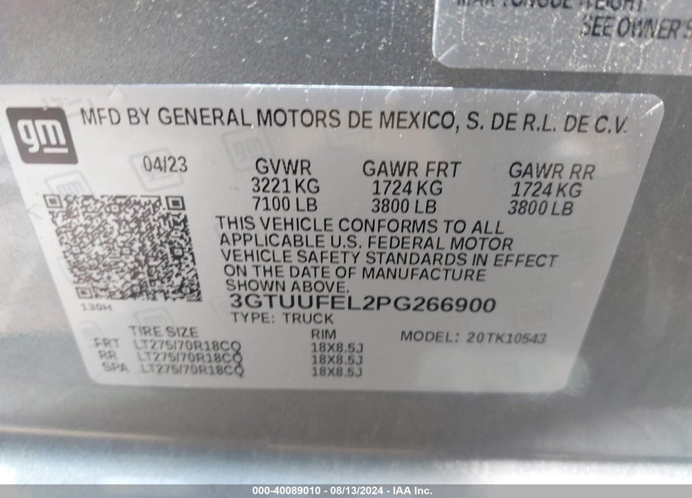 2023 GMC SIERRA 1500 4WD SHORT BOX AT4X VIN: 3GTUUFEL2PG266900