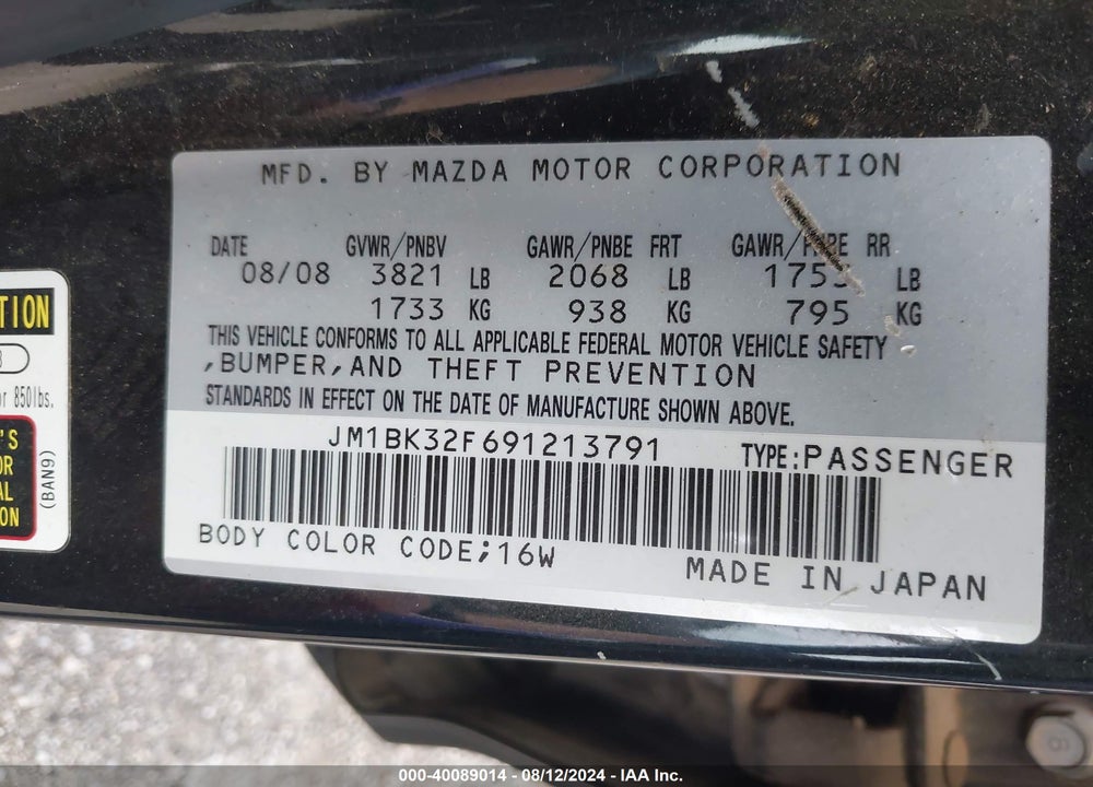 2009 MAZDA 3 I VIN: JM1BK32F691213791