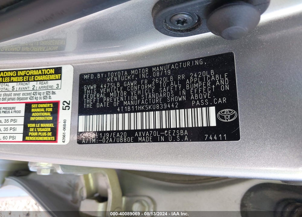 2019 TOYOTA CAMRY SE VIN: 4T1B11HK5KU839442