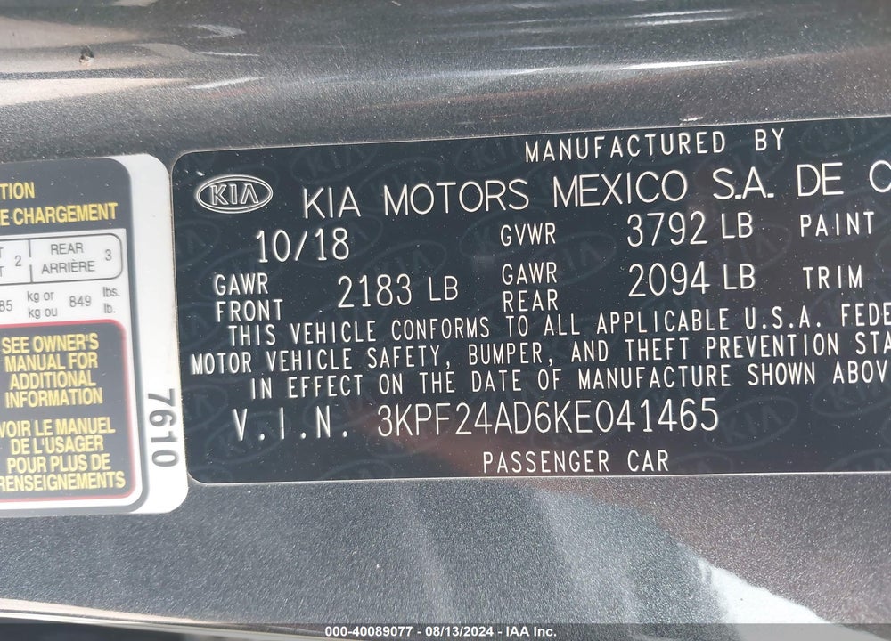 2019 KIA FORTE LXS VIN: 3KPF24AD6KE041465