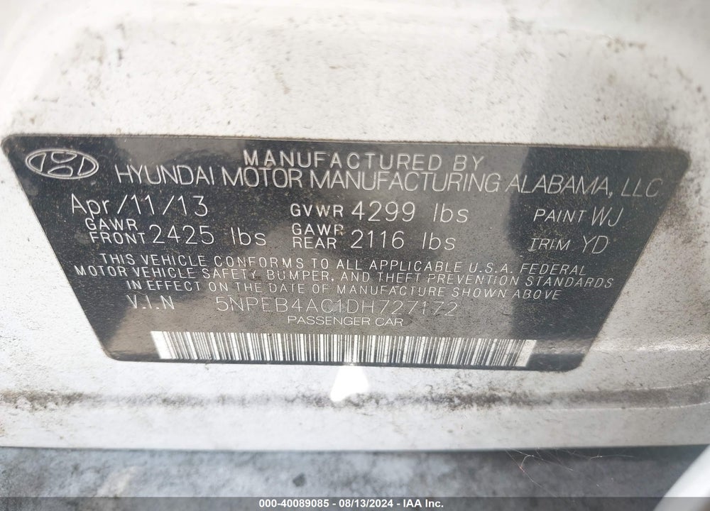 2013 HYUNDAI SONATA GLS VIN: 5NPEB4AC1DH727172