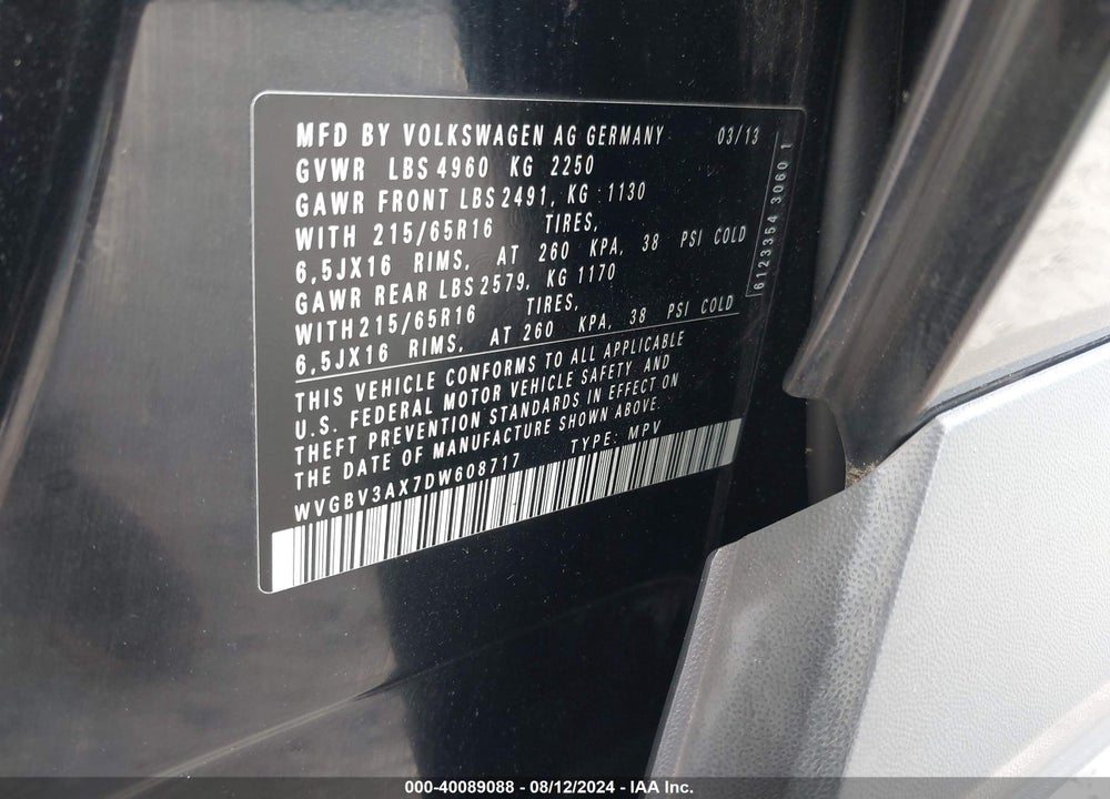 2013 VOLKSWAGEN TIGUAN S VIN: WVGBV3AX7DW608717