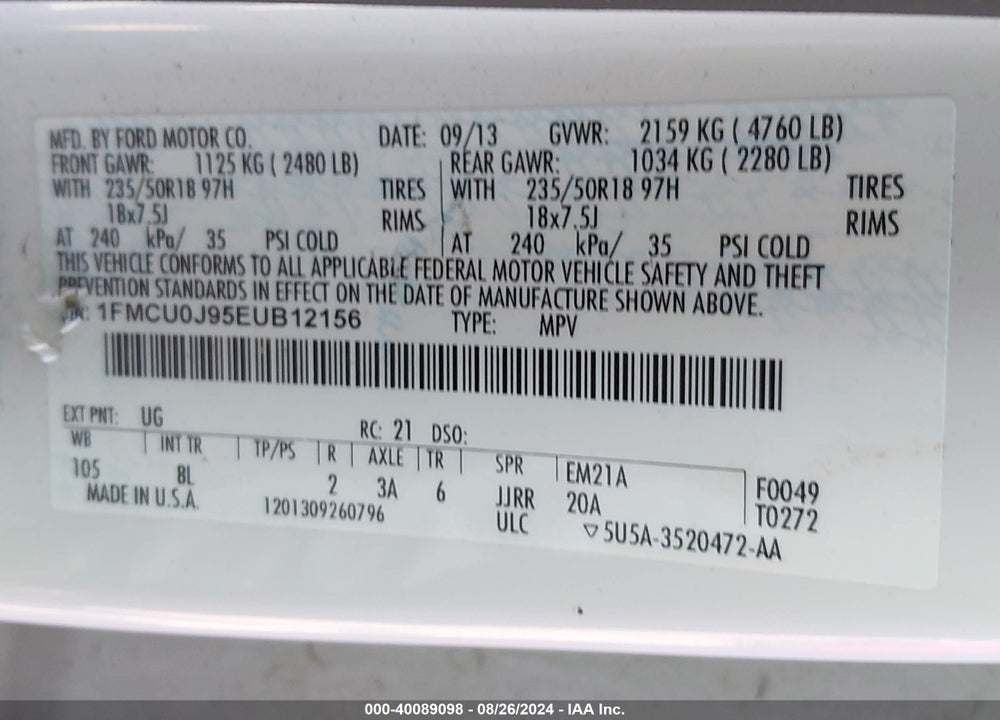 2014 FORD ESCAPE TITANIUM VIN: 1FMCU0J95EUB12156