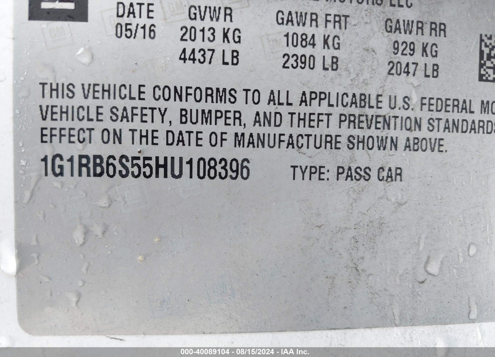 2017 CHEVROLET VOLT PREMIER VIN: 1G1RB6S55HU108396