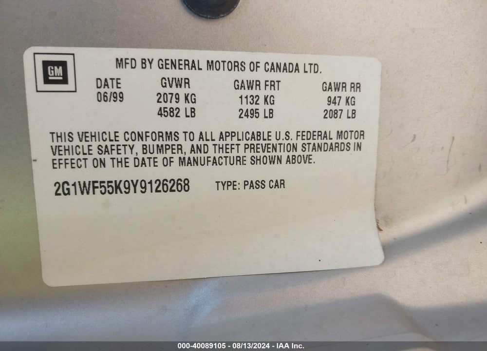 2000 CHEVROLET IMPALA VIN: 2G1WF55K9Y9126268