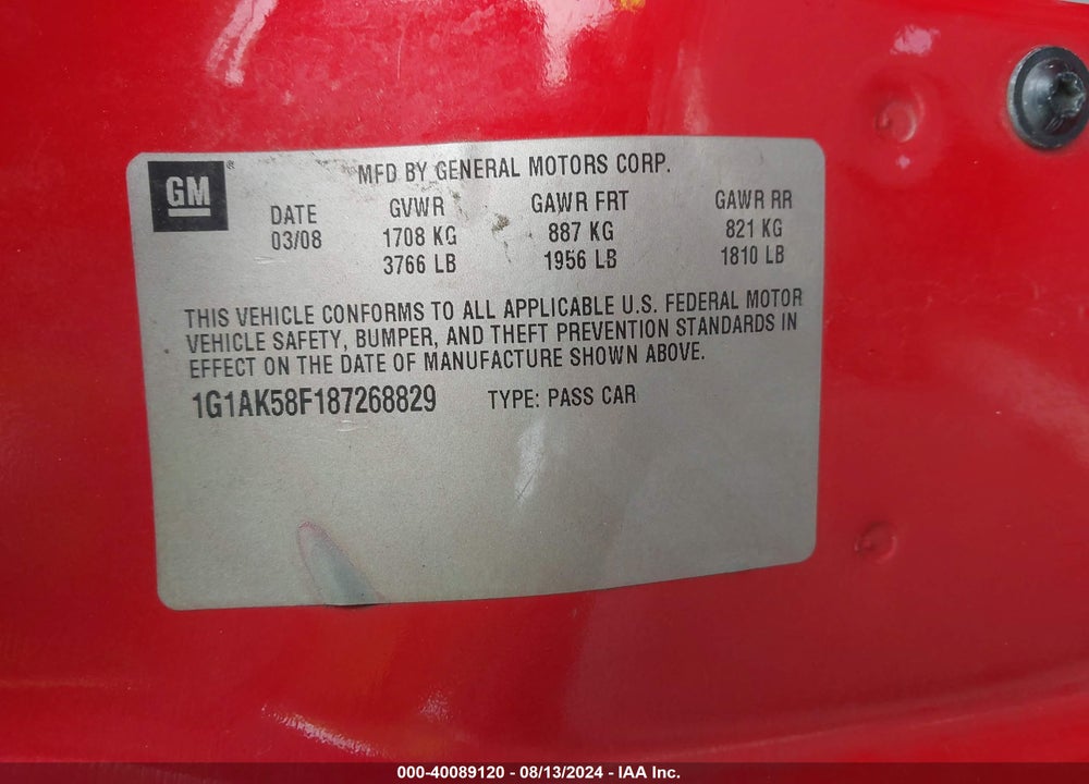 2008 CHEVROLET COBALT VIN: 1G1AK58F187268829