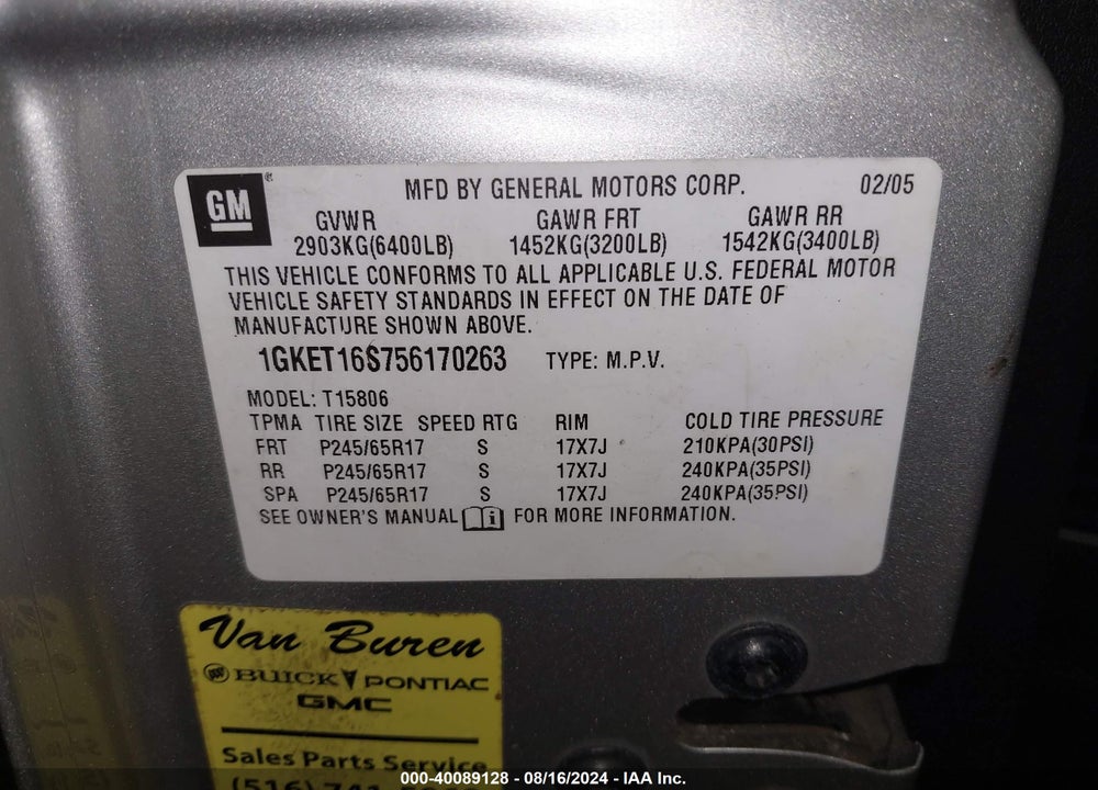 2005 GMC ENVOY XL SLT VIN: 1GKET16S756170263