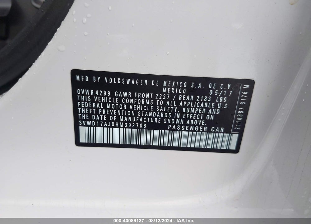 2017 VOLKSWAGEN JETTA 1.8T SPORT VIN: 3VWD17AJ0HM392708