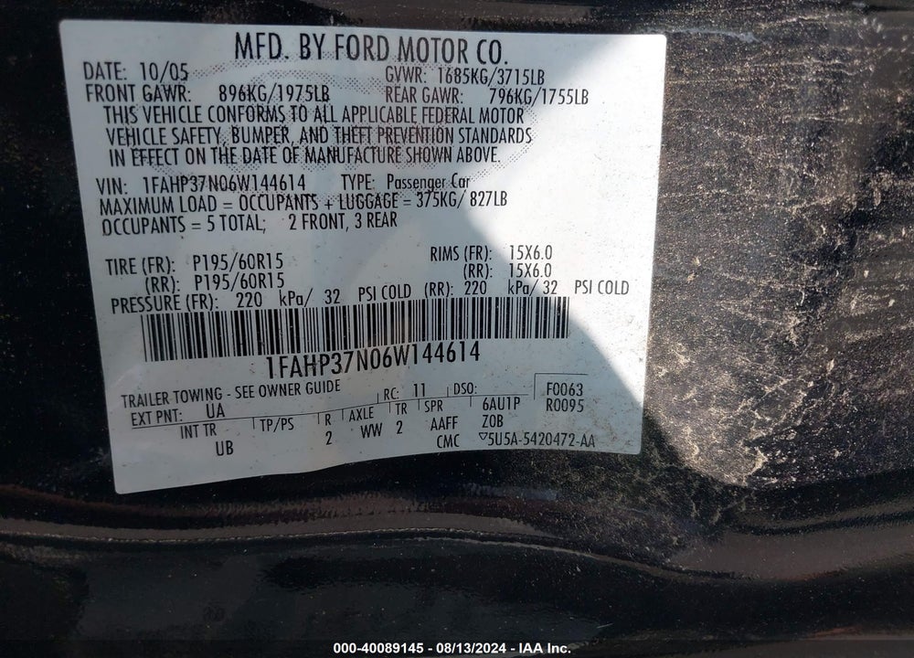 2006 FORD FOCUS ZX5 VIN: 1FAHP37N06W144614