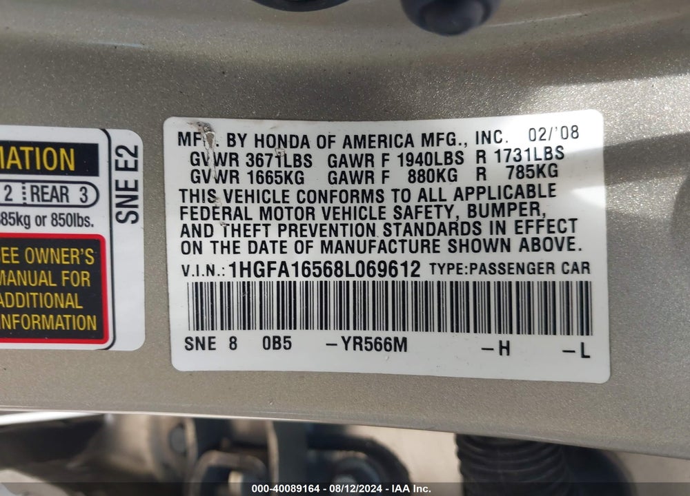 2008 HONDA CIVIC SDN LX VIN: 1HGFA16568L069612