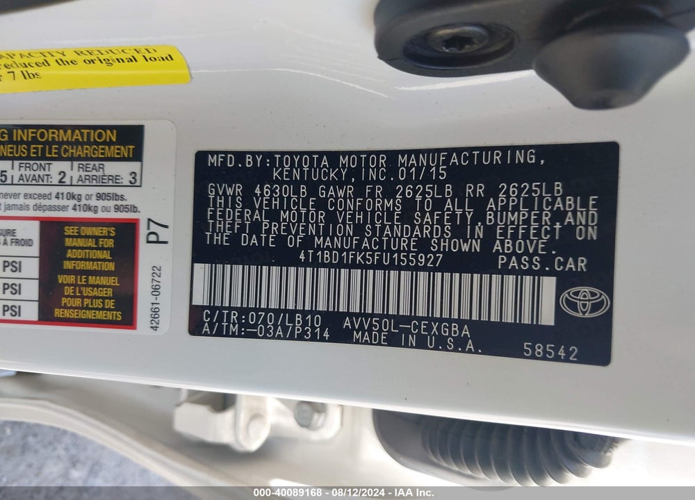 2015 TOYOTA CAMRY HYBRID XLE VIN: 4T1BD1FK5FU155927