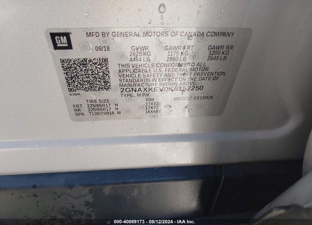 2019 CHEVROLET EQUINOX LT VIN: 2GNAXKEV0K6152250