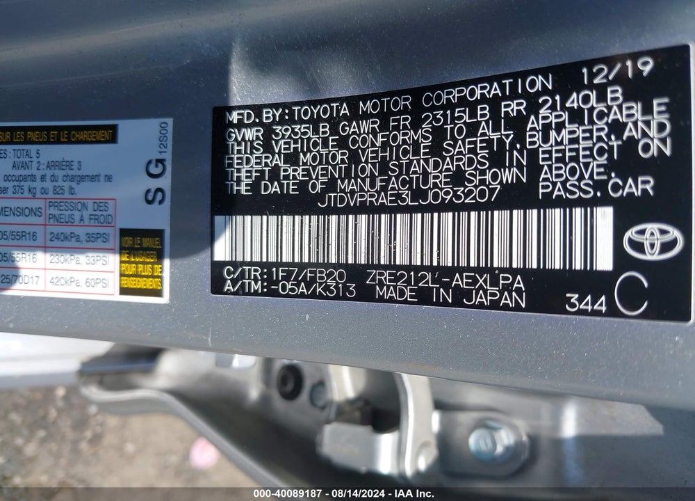 2020 TOYOTA COROLLA LE VIN: JTDVPRAE3LJ093207