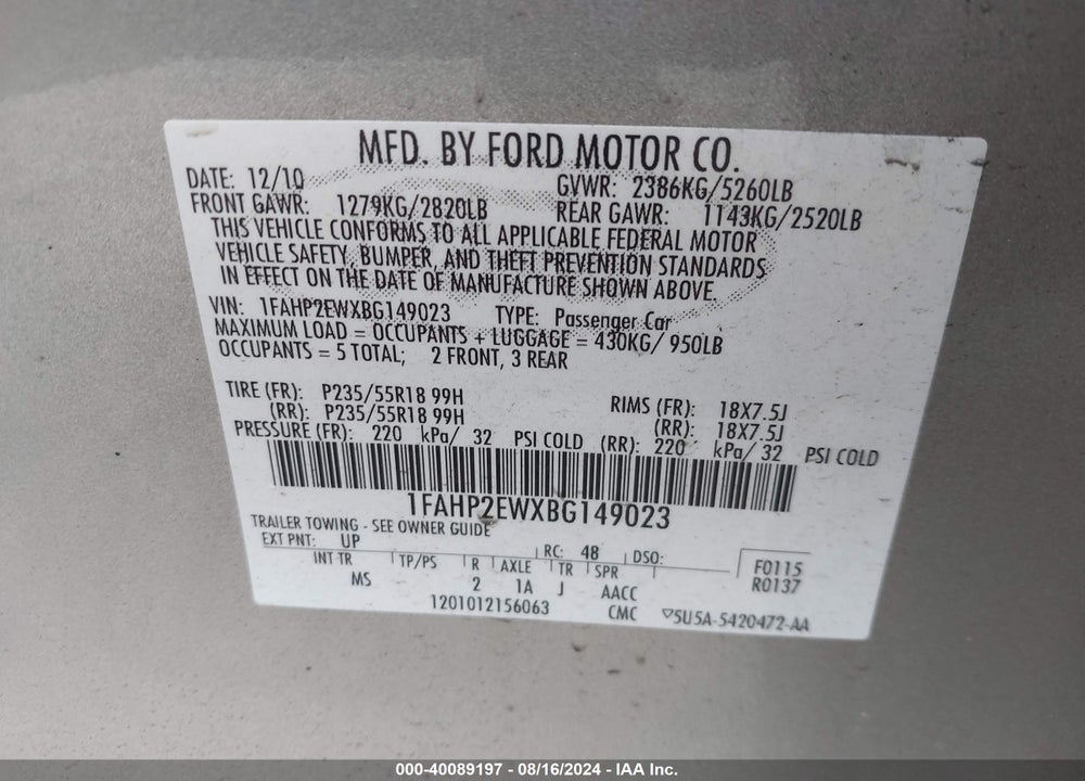 2011 FORD TAURUS SEL VIN: 1FAHP2EWXBG149023