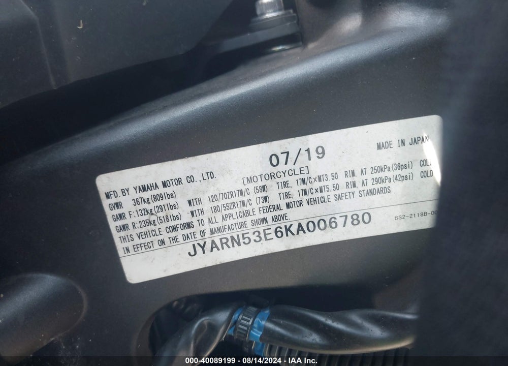 2019 YAMAHA MT09 VIN: JYARN53E6KA006780