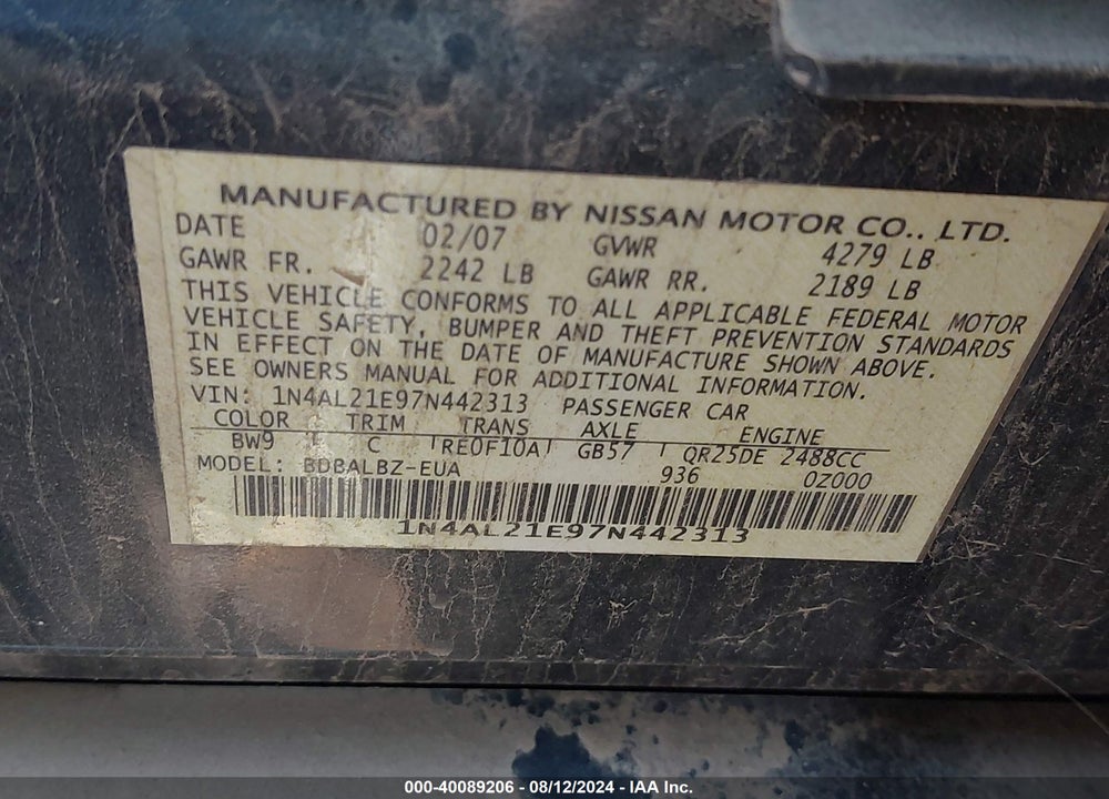 2007 NISSAN ALTIMA 2.5 S VIN: 1N4AL21E97N442313