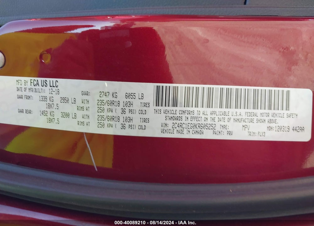2019 CHRYSLER PACIFICA TOURING L PLUS VIN: 2C4RC1EG0KR605252