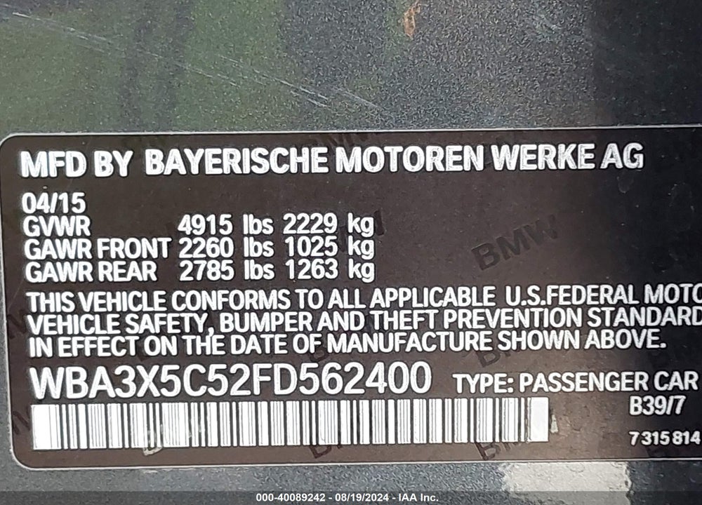 2015 BMW 328I GRAN TURISMO XDRIVE VIN: WBA3X5C52FD562400