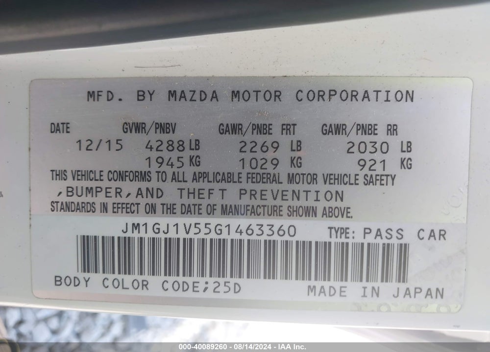 2016 MAZDA MAZDA6 VIN: JM1GJ1V55G1463360