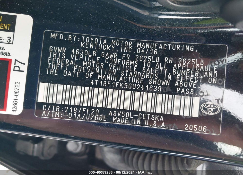 2016 TOYOTA CAMRY SE VIN: 4T1BF1FK9GU241639