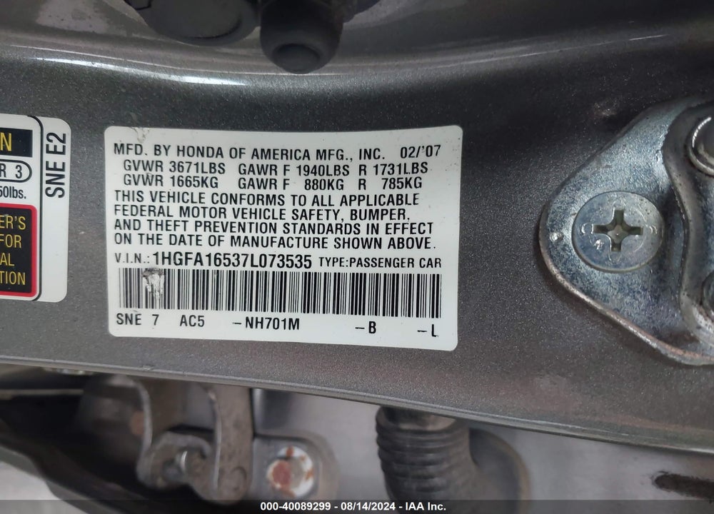 2007 HONDA CIVIC LX VIN: 1HGFA16537L073535
