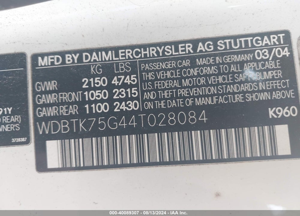 2004 MERCEDES-BENZ CLK 500 VIN: WDBTK75G44T028084