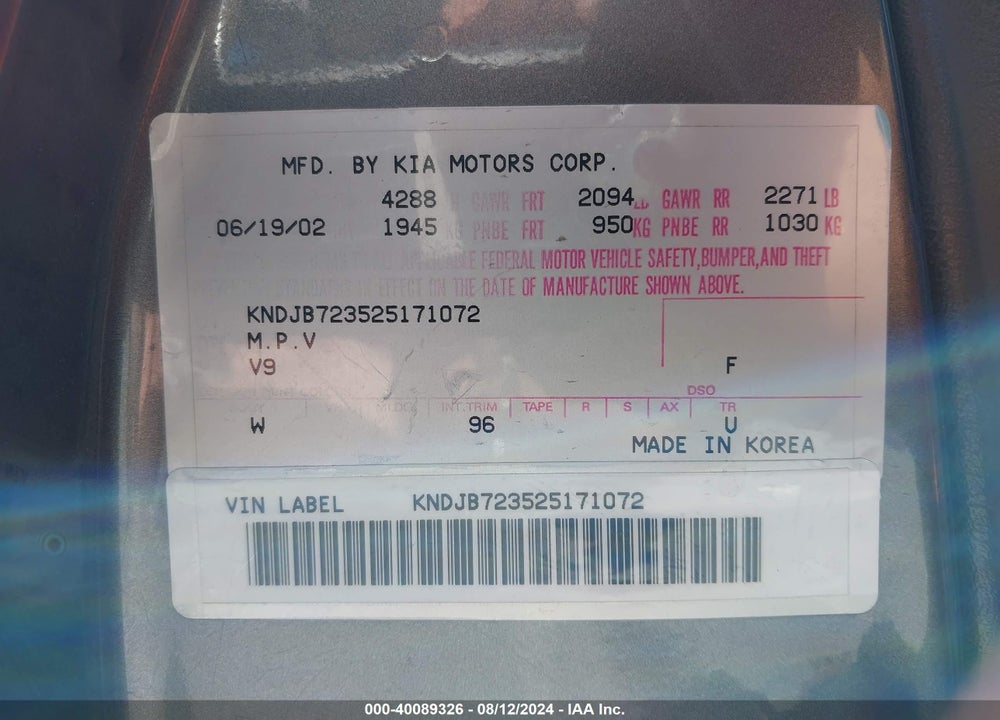 2002 KIA SPORTAGE VIN: KNDJB723525171072