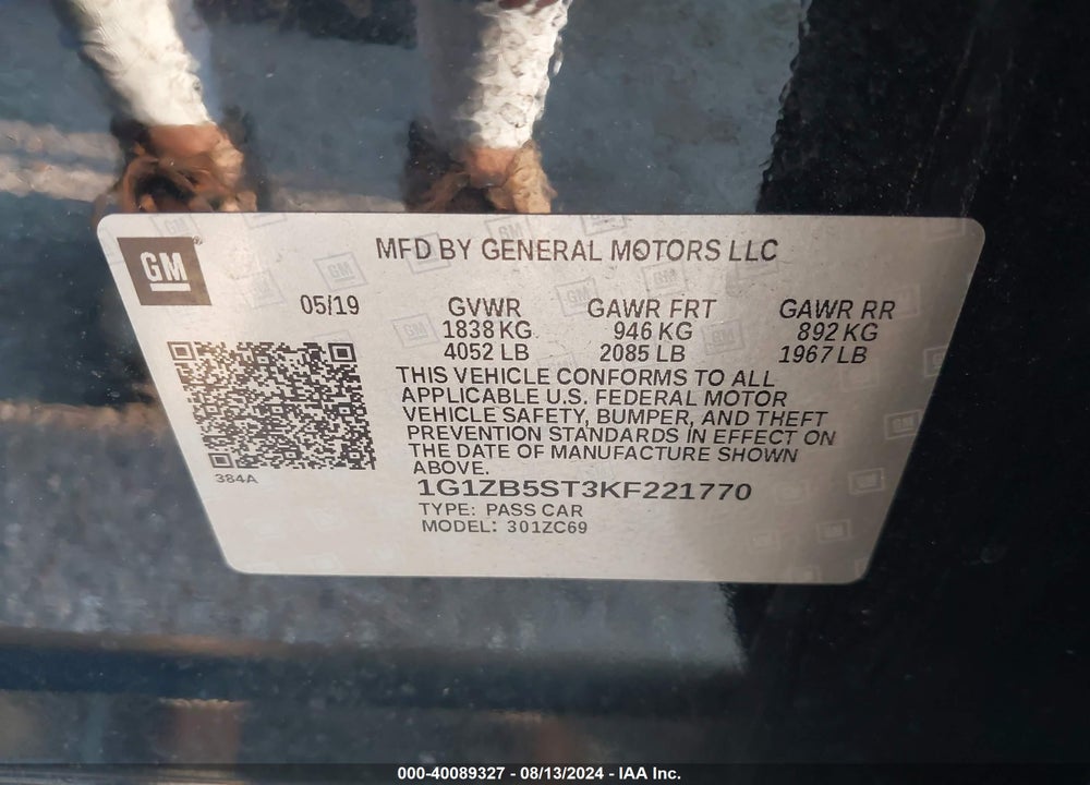 2019 CHEVROLET MALIBU 1LS VIN: 1G1ZB5ST3KF221770