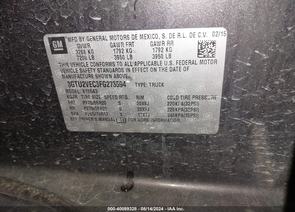 2015 GMC SIERRA 1500 SLT VIN: 3GTU2VEC3FG273594