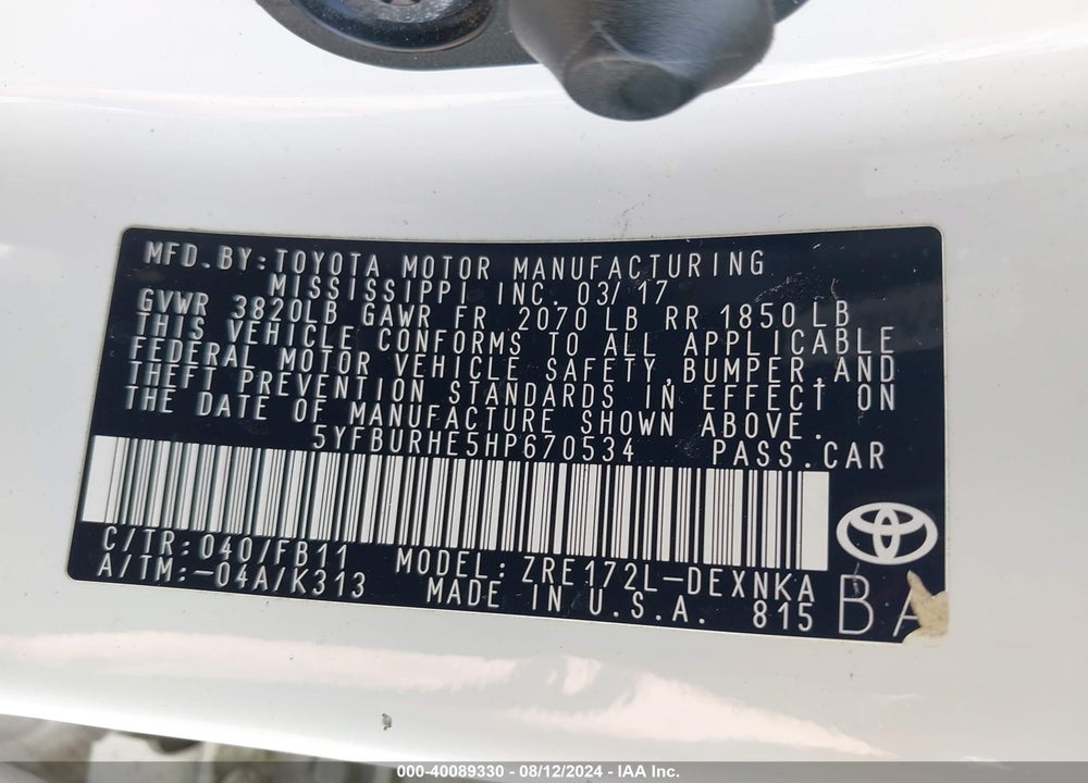 2017 TOYOTA COROLLA LE VIN: 5YFBURHE5HP670534
