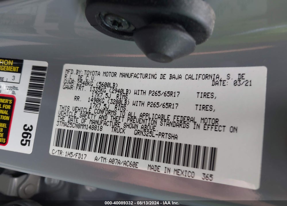 2021 TOYOTA TACOMA TRD SPORT VIN: 3TMAZ5CN8MM148818
