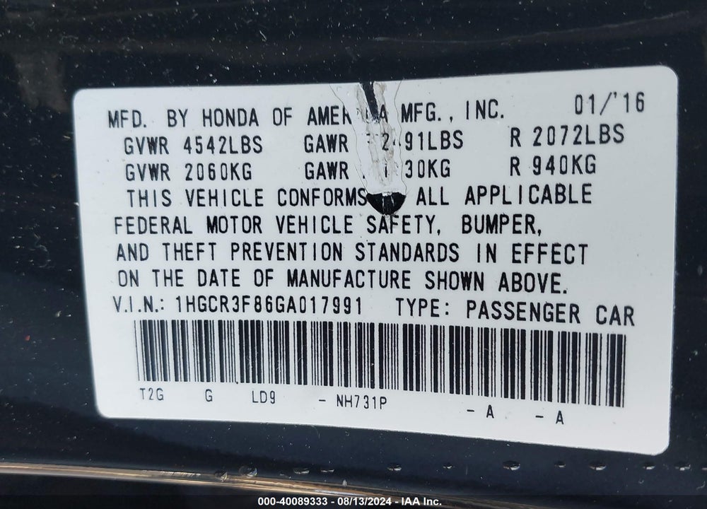 2016 HONDA ACCORD EX-L V-6 VIN: 1HGCR3F86GA017991