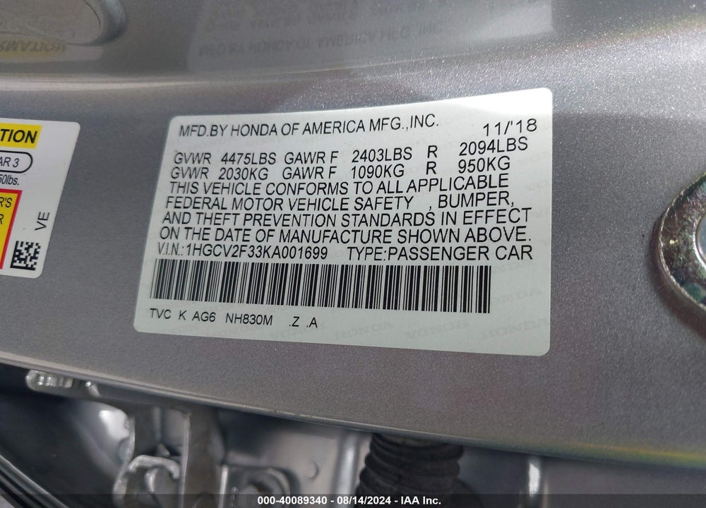2019 HONDA ACCORD SPORT 2.0T VIN: 1HGCV2F33KA001699