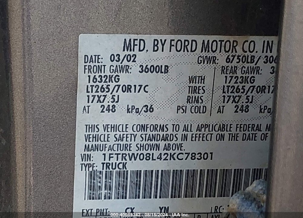 2002 FORD F-150 LARIAT/XLT VIN: 1FTRW08L42KC78301