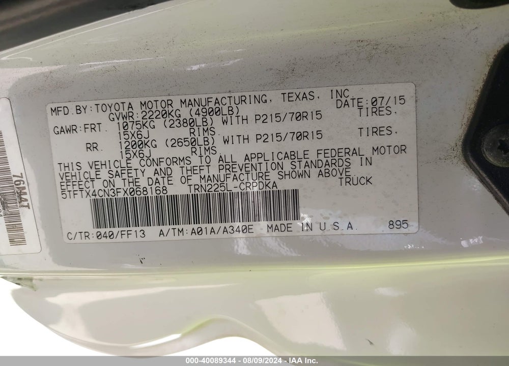 2015 TOYOTA TACOMA VIN: 5TFTX4CN3FX068168