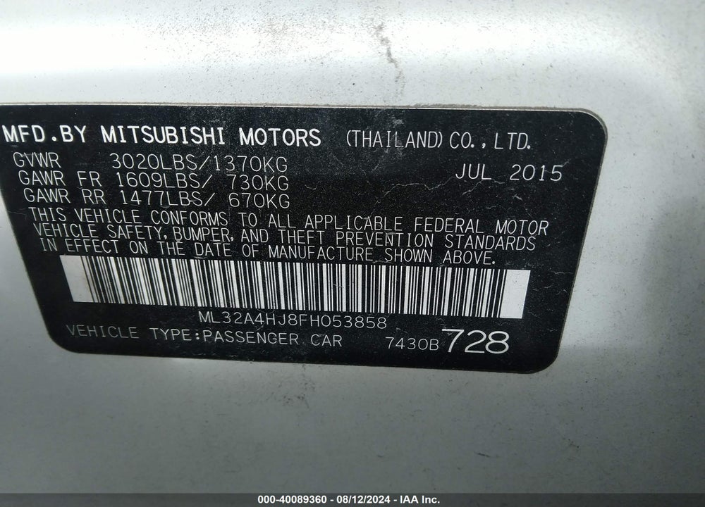 2015 MITSUBISHI MIRAGE ES VIN: ML32A4HJ8FH053858
