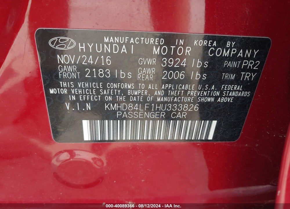 2017 HYUNDAI ELANTRA LIMITED VIN: KMHD84LF1HU333826