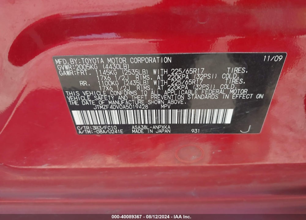 2010 TOYOTA RAV4 VIN: JTMZF4DV0A5019428