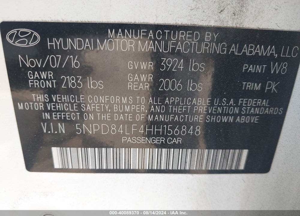 2017 HYUNDAI ELANTRA SE VIN: 5NPD84LF4HH156848
