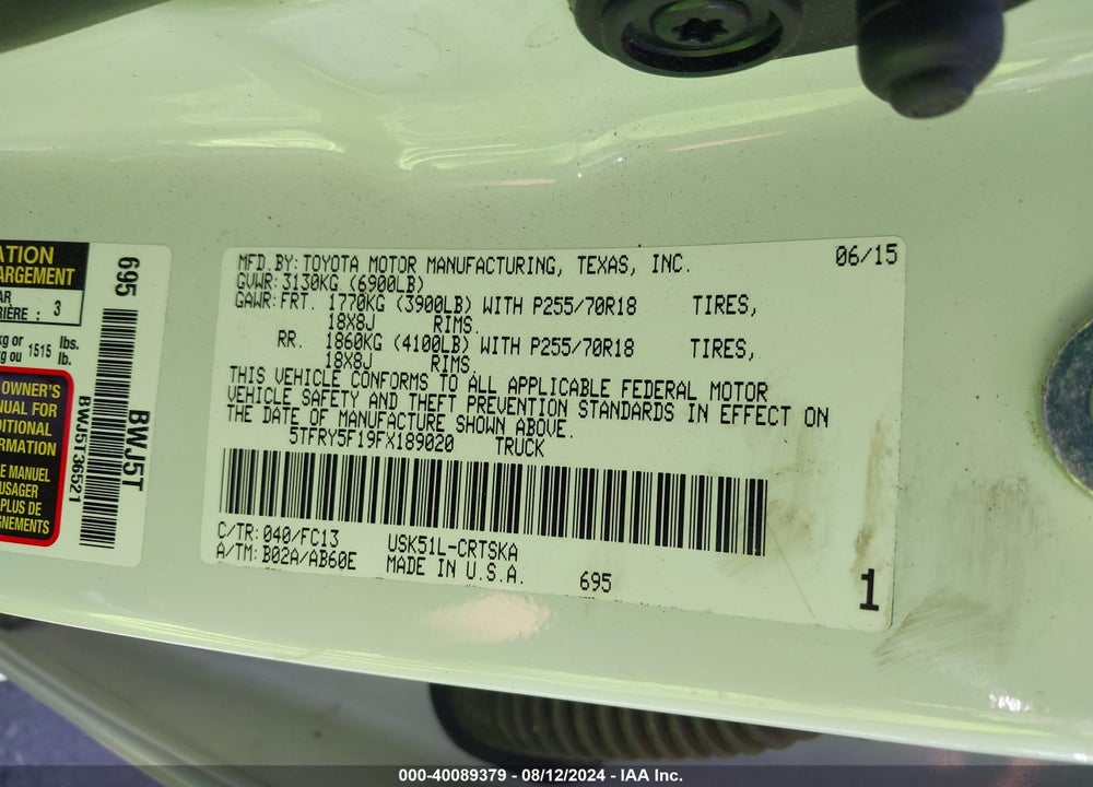 2015 TOYOTA TUNDRA SR5 5.7L V8 VIN: 5TFRY5F19FX189020