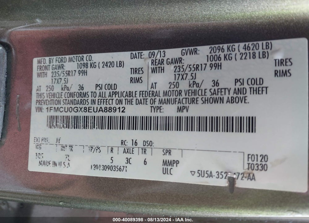 2014 FORD ESCAPE SE VIN: 1FMCU0GX8EUA88912