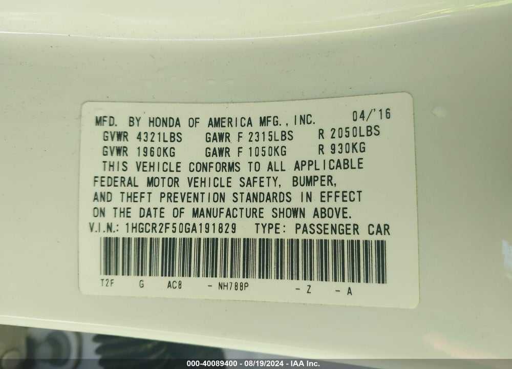 2016 HONDA ACCORD SPORT VIN: 1HGCR2F50GA191829