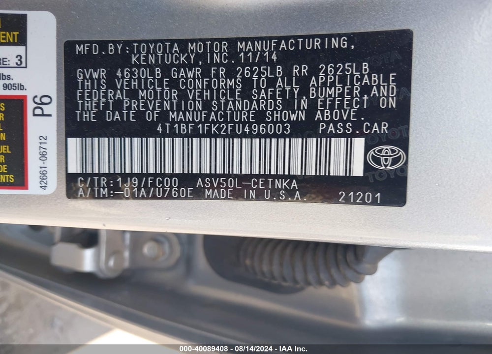 2015 TOYOTA CAMRY LE VIN: 4T1BF1FK2FU496003
