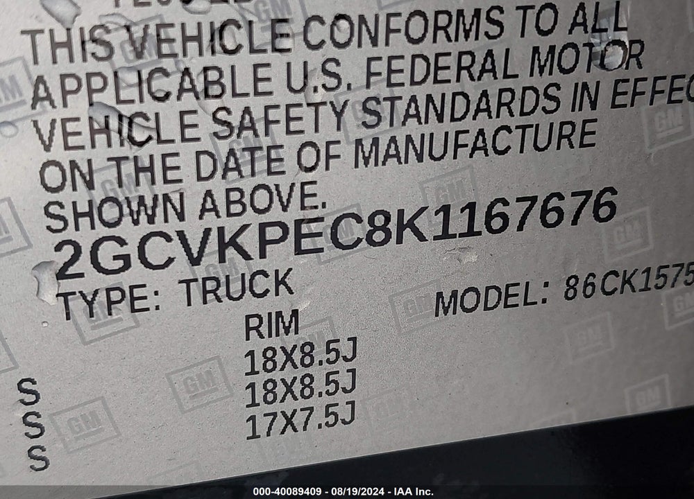 2019 CHEVROLET SILVERADO 1500 LD LT VIN: 2GCVKPEC8K1167676
