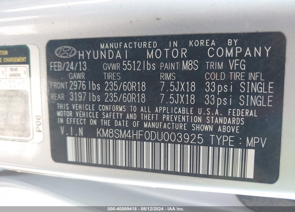 2013 HYUNDAI SANTA FE GLS VIN: KM8SM4HF0DU003925