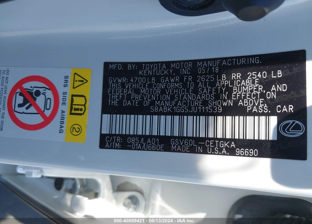2018 LEXUS ES 350 VIN: 58ABK1GG5JU111539