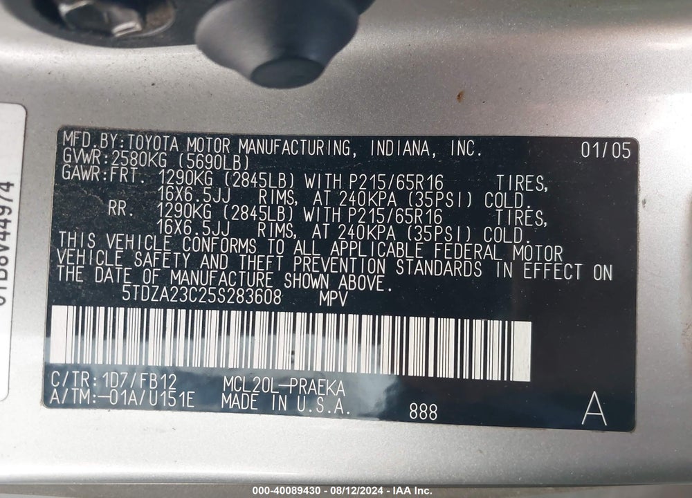 2005 TOYOTA SIENNA LE VIN: 5TDZA23C25S283608